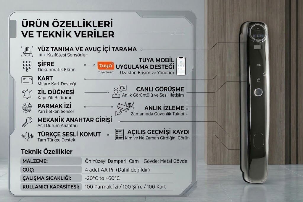akıllı kapı kilidi, yüz tanımalı kapı kilidi, avuç içi tarama kapı kilidi, Tuya akıllı kapı kilidi,